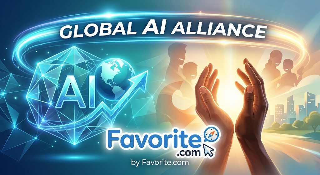 Favorite.comによるAI共同開発構想「Global AI Alliance」のコンセプト画像。AIの進化と人間社会が調和する未来のイメージ。 Concept image for Global AI Alliance by Favorite.com.